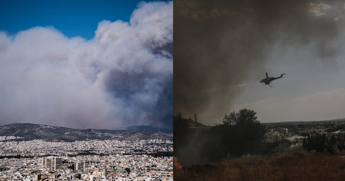 Μαύρισε ο ουρανός της Αθήνας από τους καπνούς: Καθηλωτική εικόνα από τη φωτιά στην Πάρνηθα